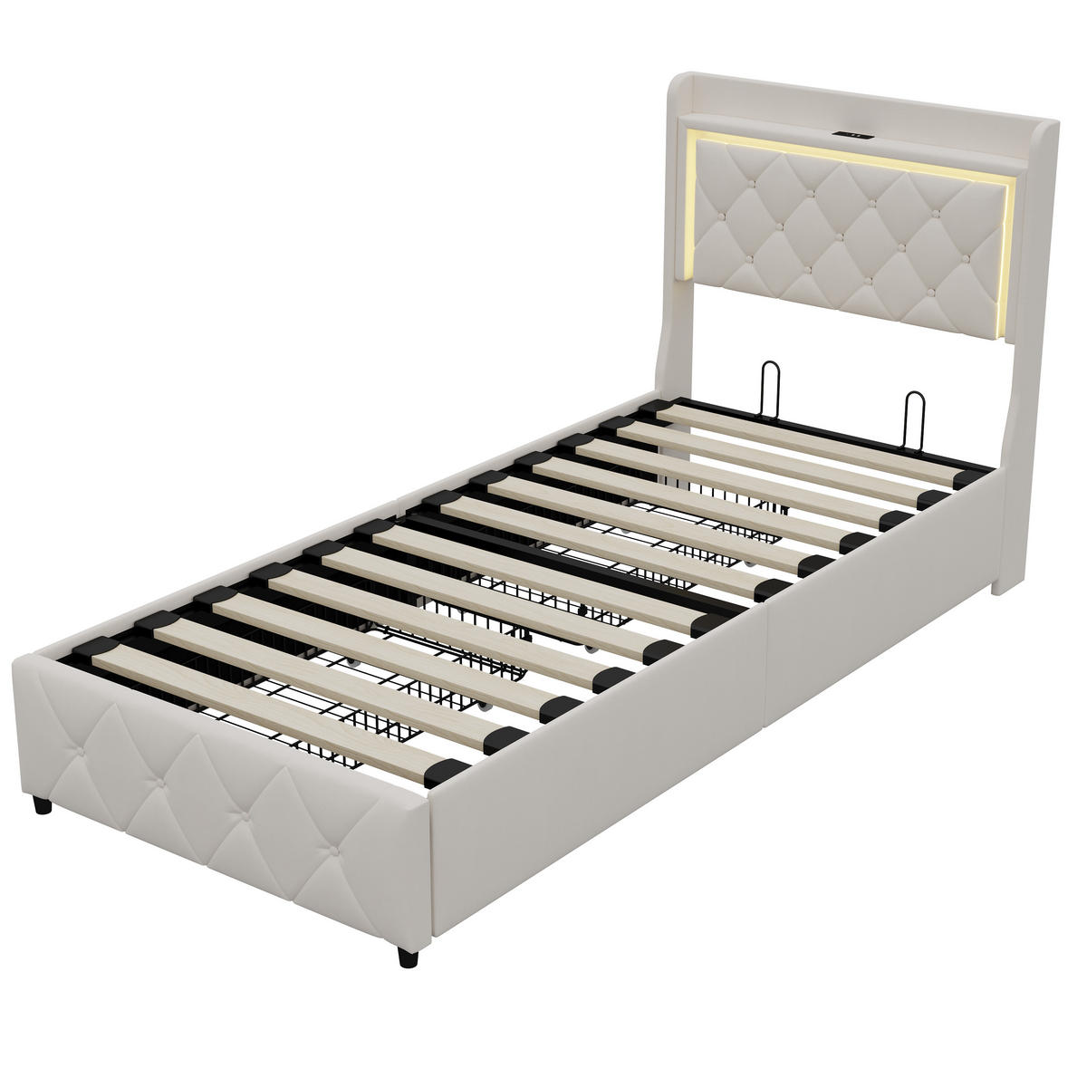 POLSTERBETT 90x200 cm LED USB Stauraum 4 Schubladen Lattenrost beige - Beige, Holz (90/200cm) - LEBENLANG