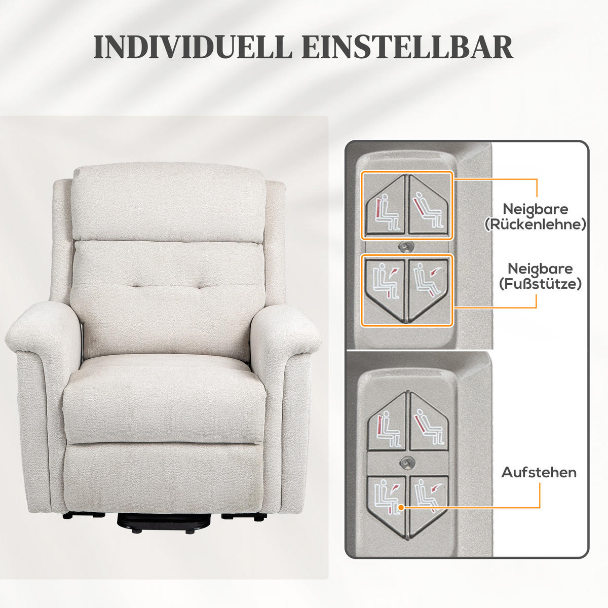 FERNSEHSESSEL mit Aufstehhilfe, Cremeweiß - Creme, Kunststoff (87/108/92cm) - HOMCOM