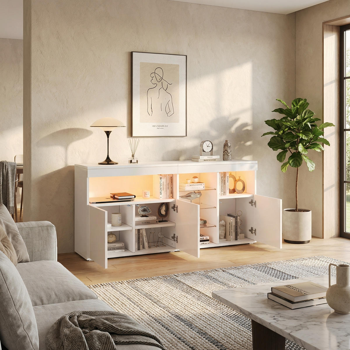 SIDEBOARD in Weiß Hochglanz mit App-gesteuerter LED - Weiß, Holzwerkstoff (155/72/35cm) - Urban Meuble