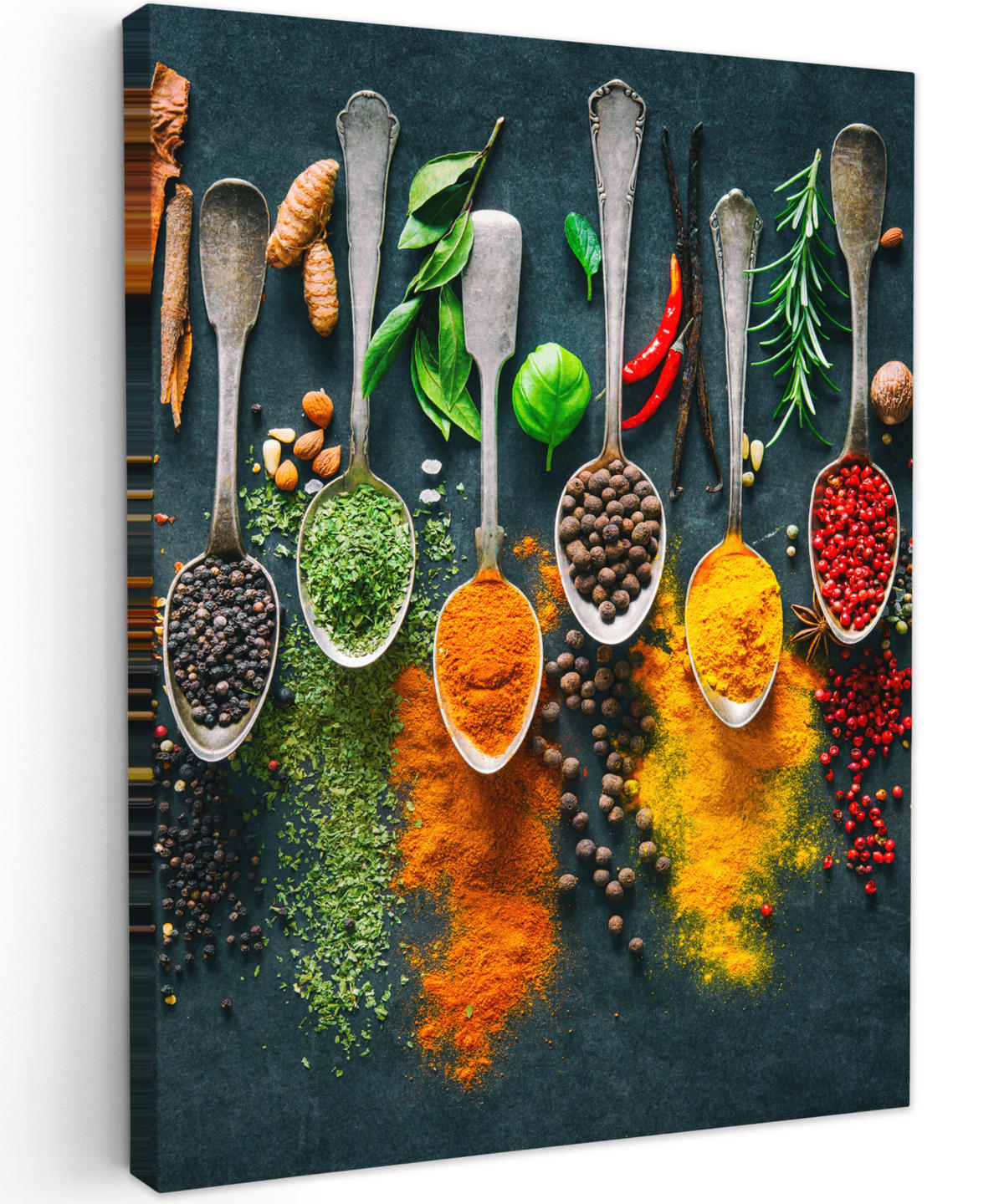 LEINWANDBILD Kräuter - Gewürze - Löffel 30x40 cm - Currygelb, Textil (30/40cm) - MuchoWow