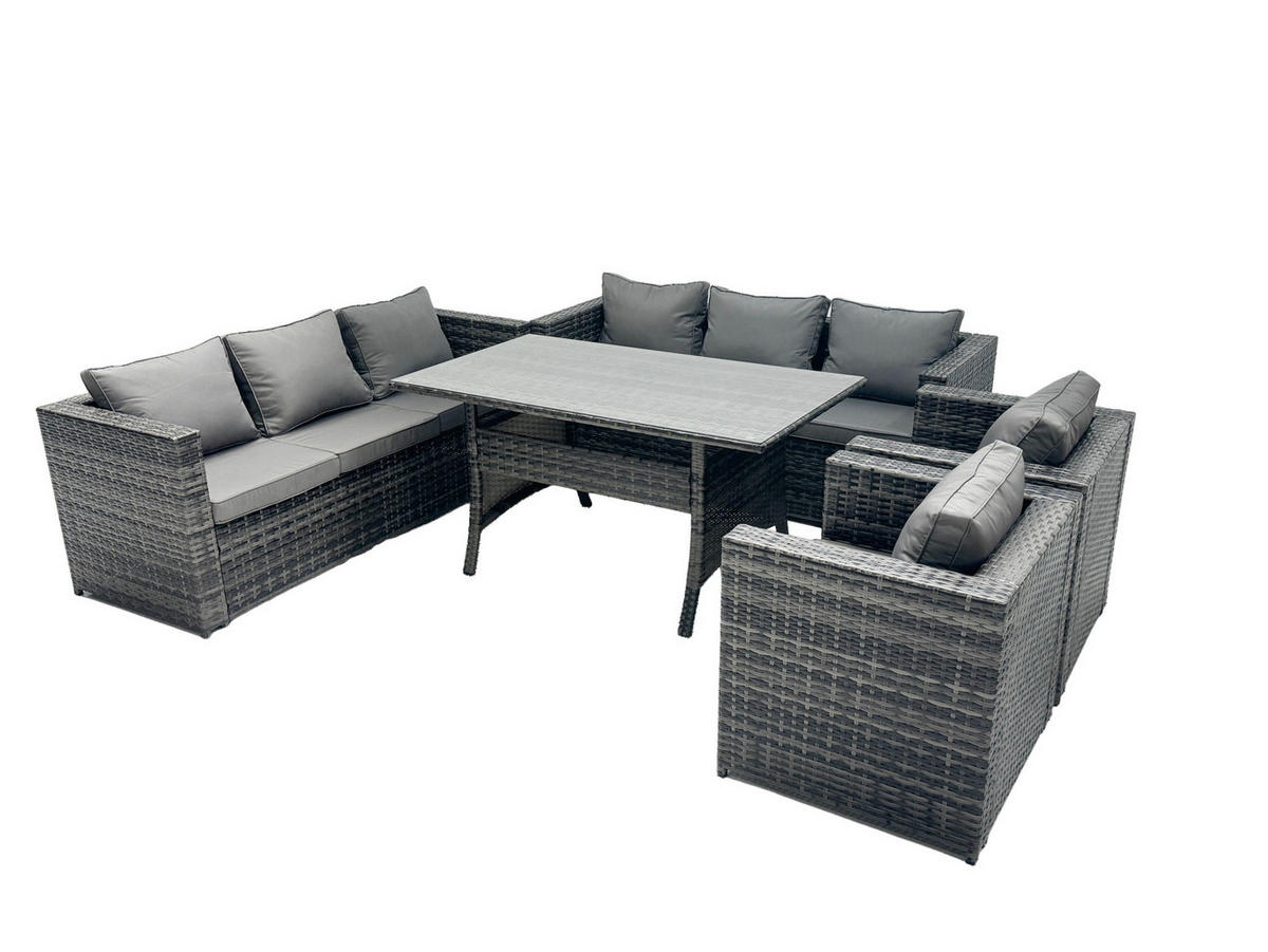 SITZGRUPPE Polyrattan Dunkelgrau 8-Sitzer - Dunkelgrau/Grau, Glas/Kunststoff - Fimous
