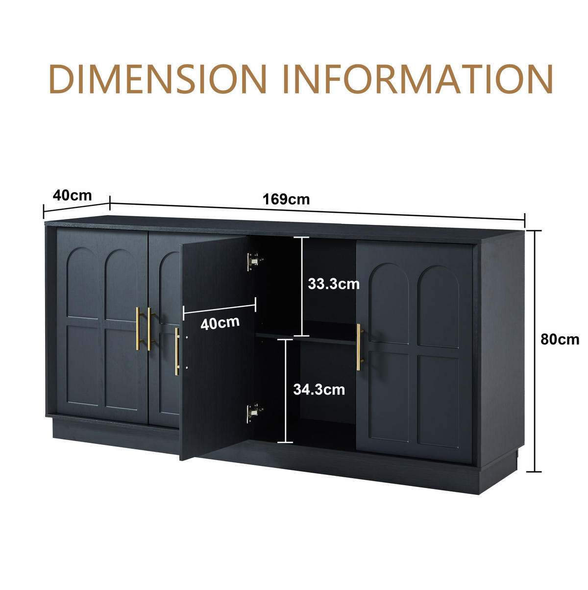 SIDEBOARD 169/40/80 cm Schwarz aus MDF mit verstellbaren Einlegeböden - Schwarz, Holzwerkstoff (40/80/169cm) - OKMYHOME