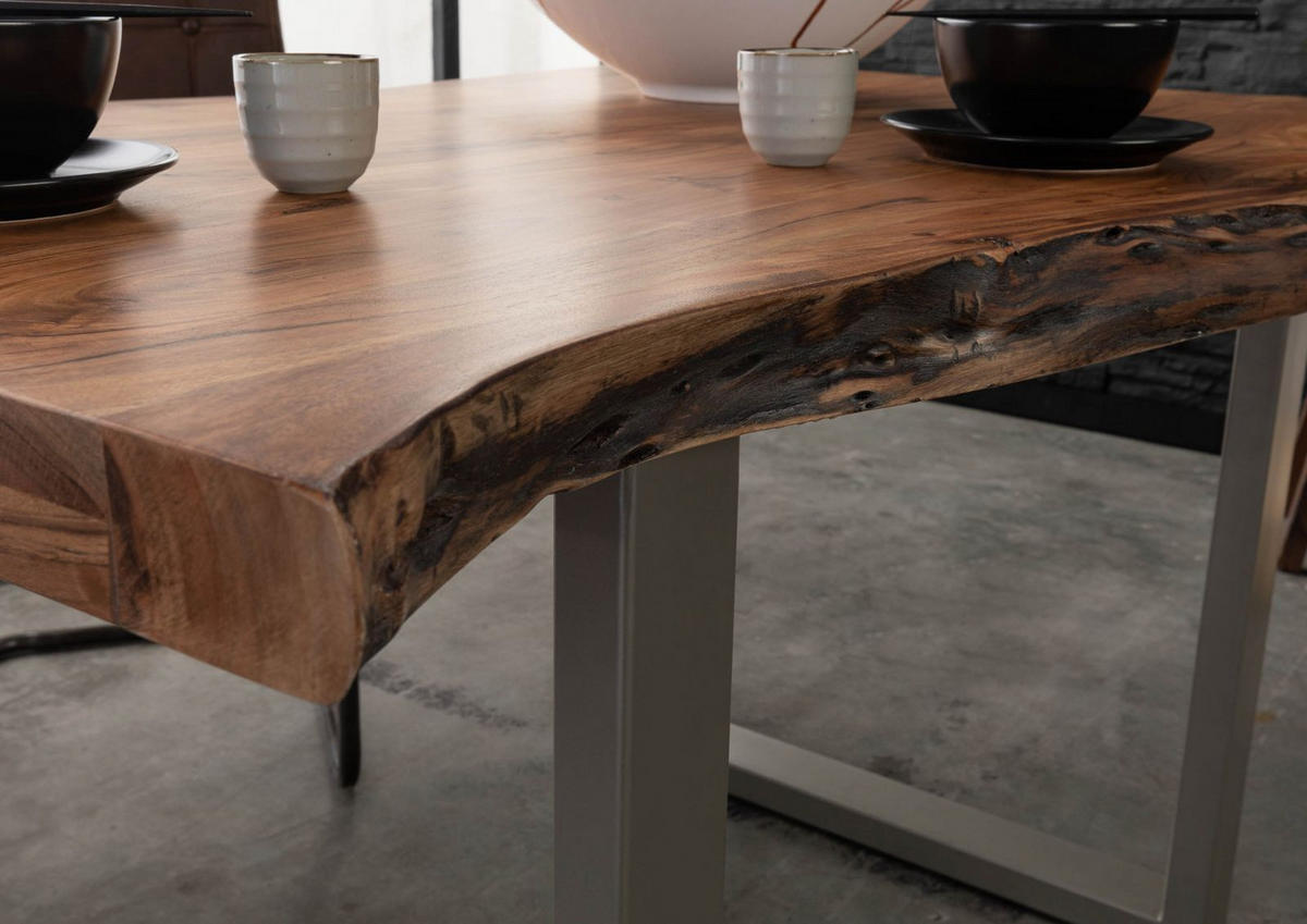 BAUMTISCH Akazie 140x90x77 natur lackiert / U-Beine silber matt FREEFORM 5 - Silberfarben/Naturfarben, Holz (140/90/77cm) - Massivmoebel24
