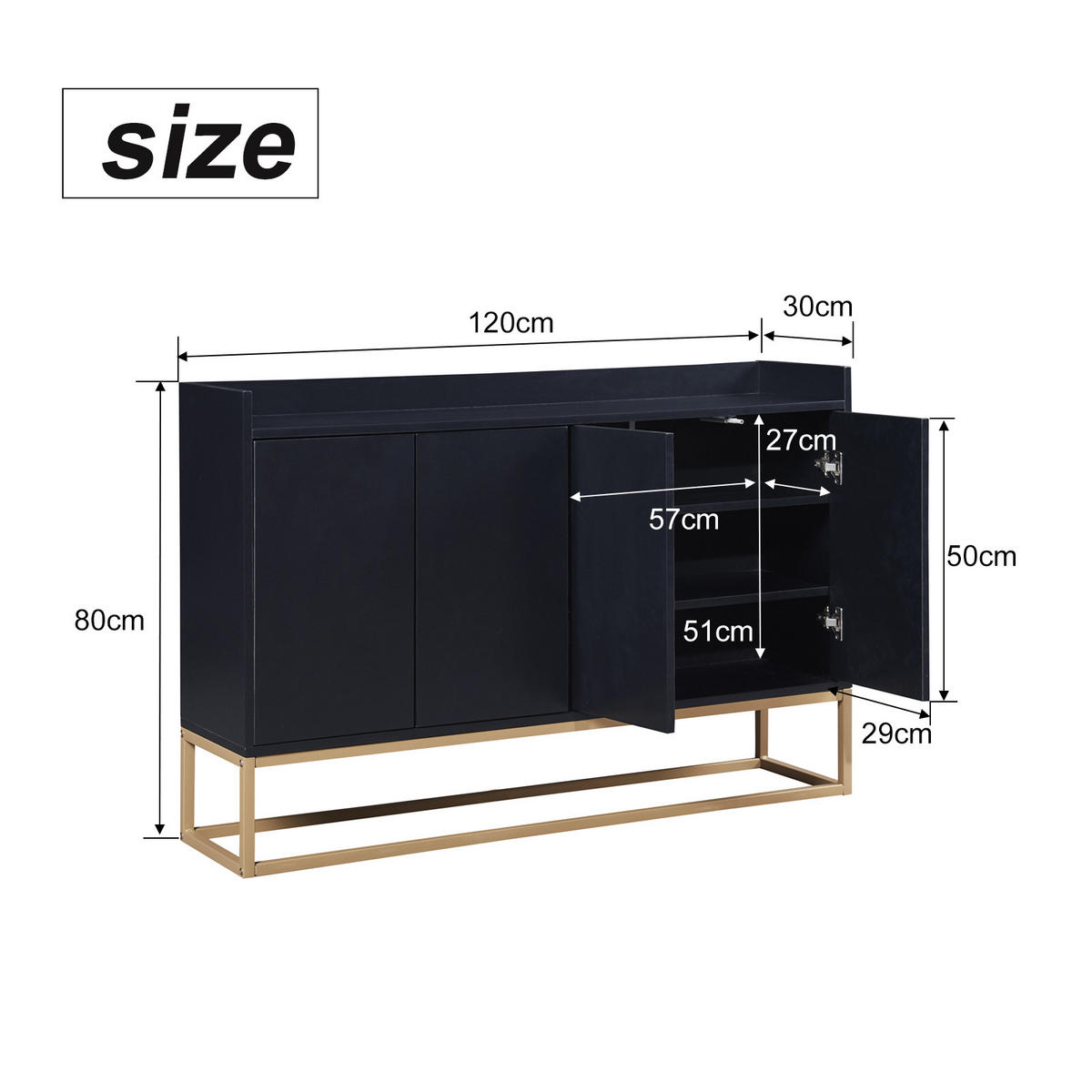 SVART skänk med 4 dörrar och guldfärgad metallram - Svart, Träbaserade material (30/80/120cm) - SHOPENTRA