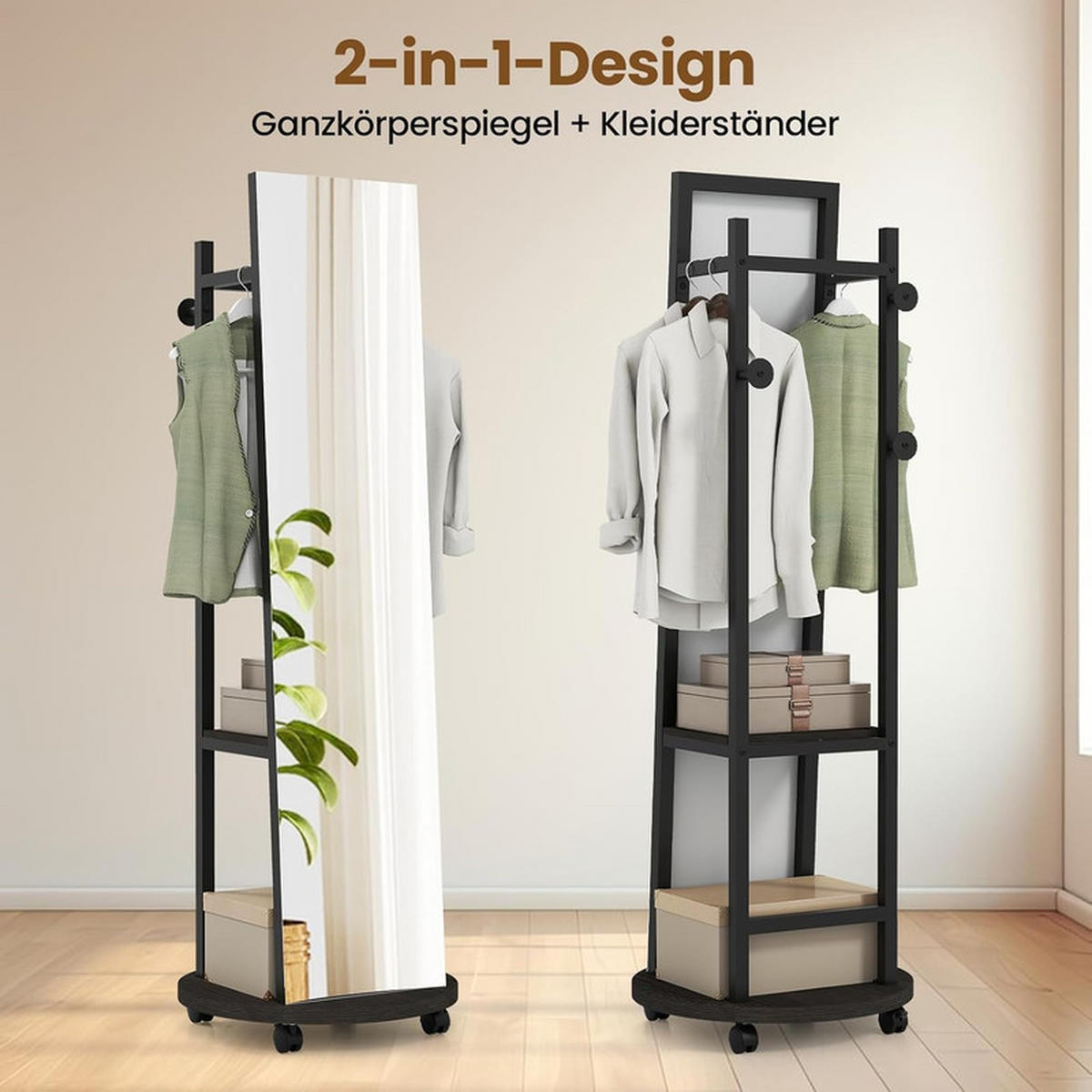GARDEROBENSTÄNDER mit 3 Haken schwarz - Schwarz, Metall (45/135/45cm) - COSTWAY