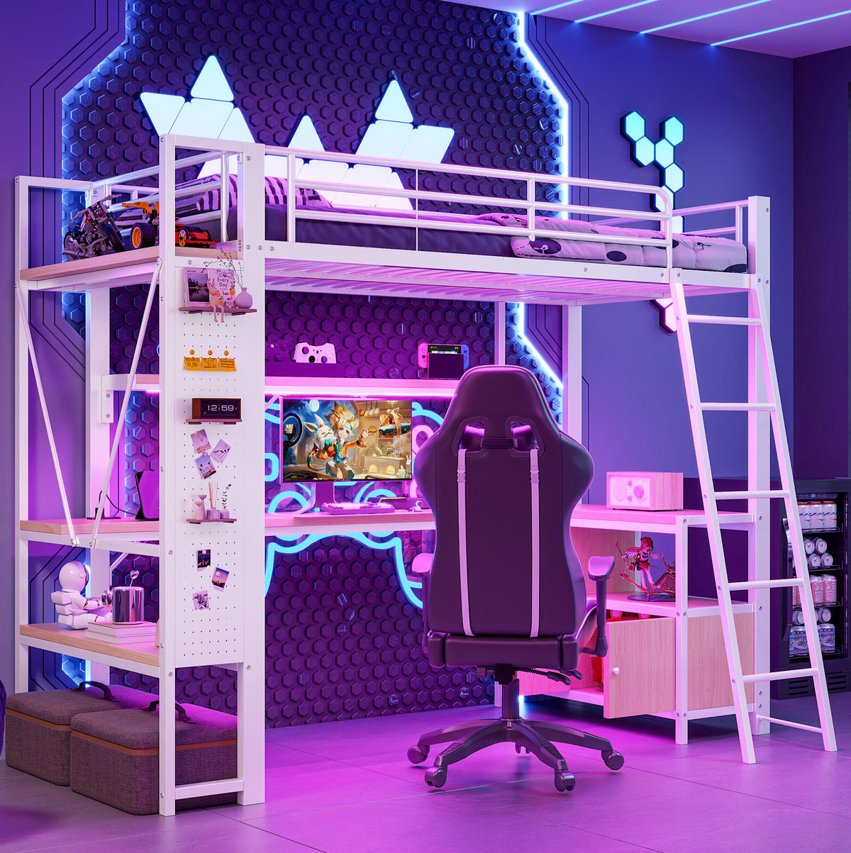 HOCHBETT 90/200 cm, Weiß, mit LED-Lichtleiste, Schreibtisch, ohne Matratze - Weiß, Metall (90/200cm) - MIVRAY