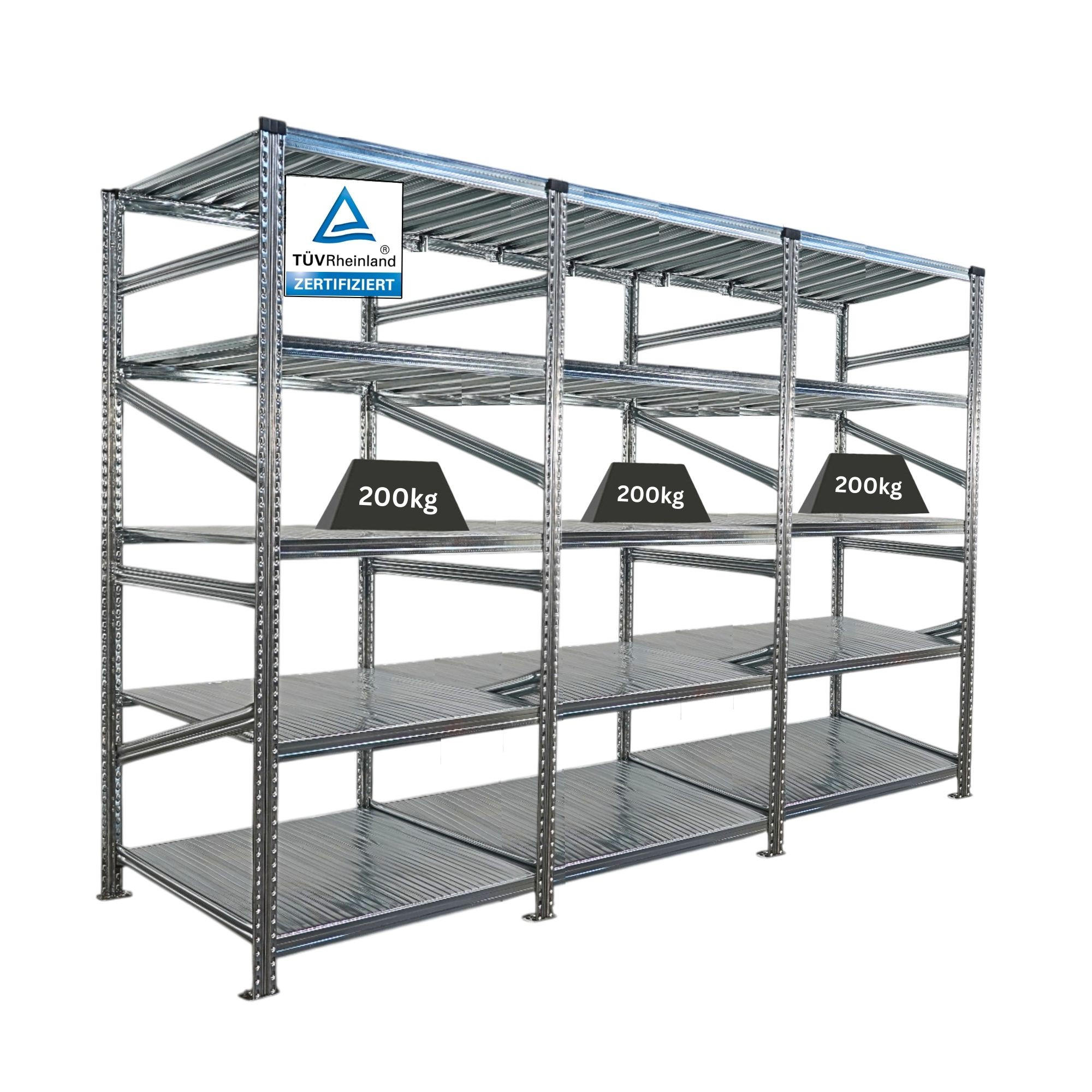 FACHBODENREGAL Proximo Stecksystem 200x270x80cm 5 Ebenen Fachlast 200 kg Beidseitig nutzbar Verzinkt - Silberfarben, Metall (270/200/80cm) - PROREGAL