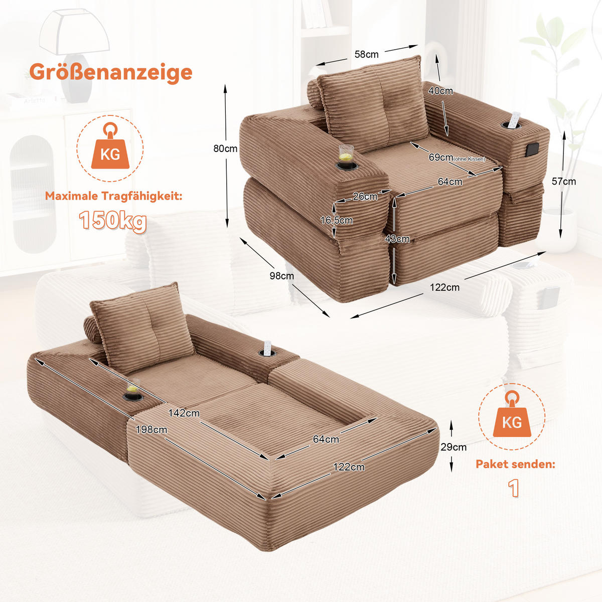 SCHLAFSOFA mit Klappfunktion, Getränkehalter und Seitentasche aus Cord - Braun, Textil (122/80/98cm) - EVRYAE