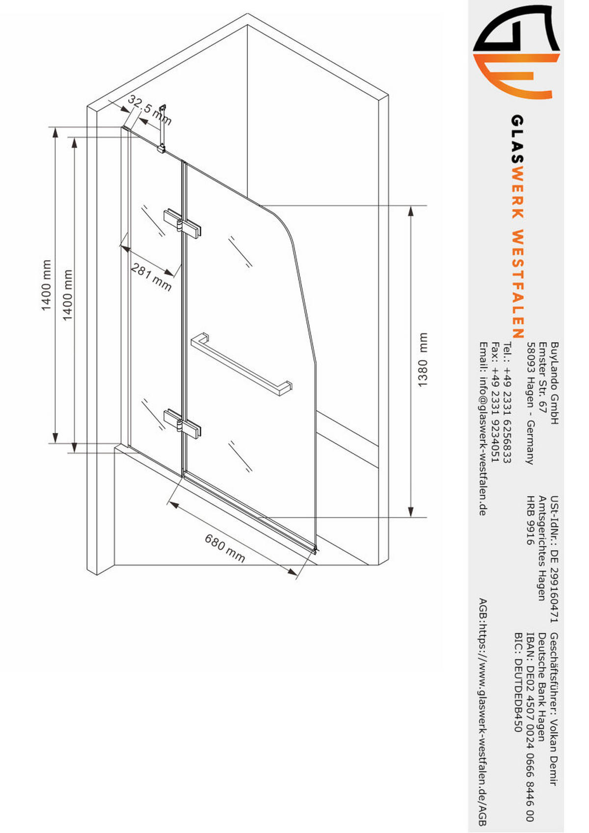 DUSCHKABINE 100x140cm Badewannenaufsatz (H) - Silberfarben, Glas (1/100/140cm) -  Glaswerk Westfalen