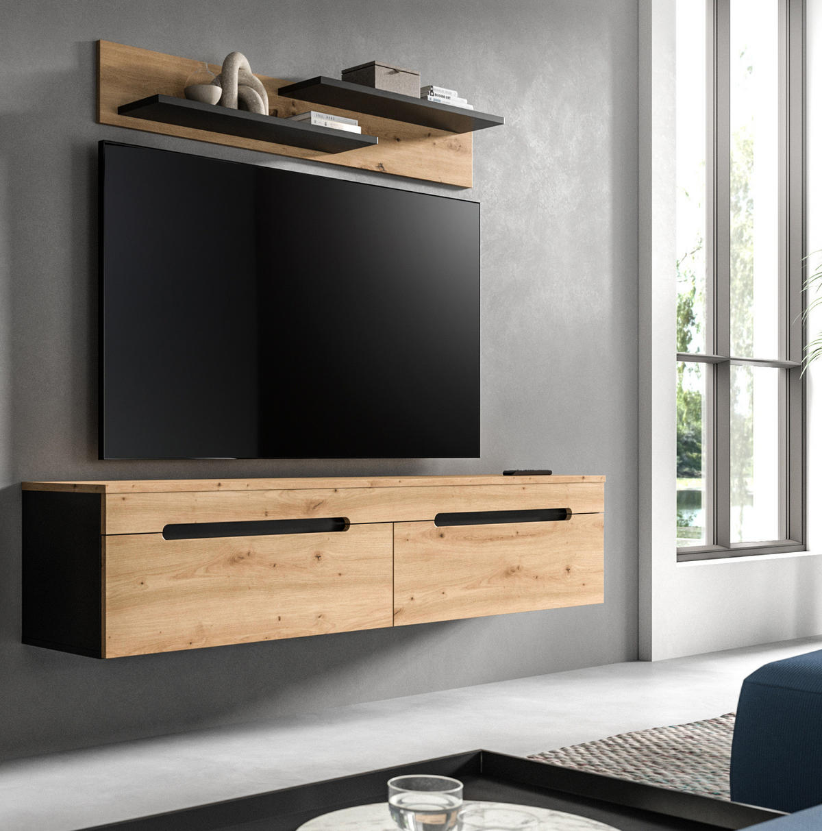 WOHNKOMBINATION Eiche Artisan, grau, 2er Set Lowboard 170 cm und Wandboard, Cooper - Schwarz/Eiche Artisan, Holzwerkstoff/Kunststoff (170/180/33cm) - Inn.Furn