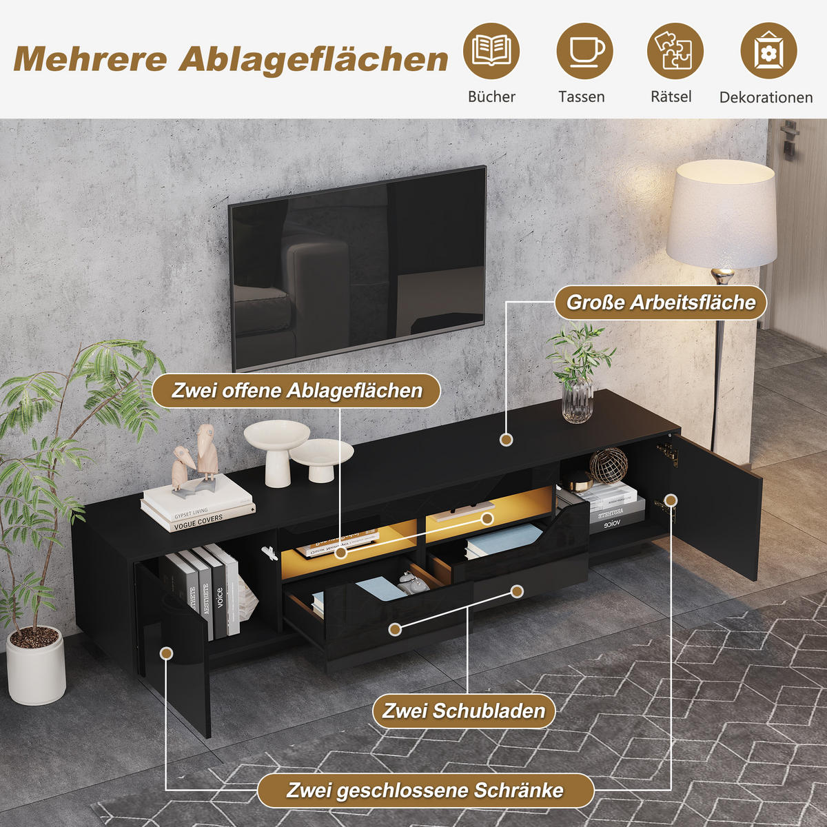 TV-SCHRANK 180/40/45 cm Schwarz mit 2 Schubladen und 2 Türen - Schwarz, Holzwerkstoff (180/45/40cm) - Oxeza