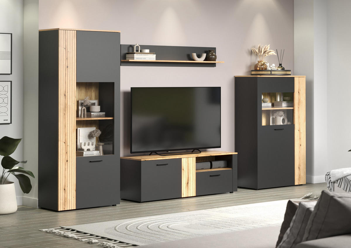 WOHNWAND grau, Evoke Eiche 4-teilig 340 cm, Schrankwand in modernem Design - Eichefarben/Anthrazit, Holzwerkstoff/Kunststoff (150/25/18cm) - Top.Furn