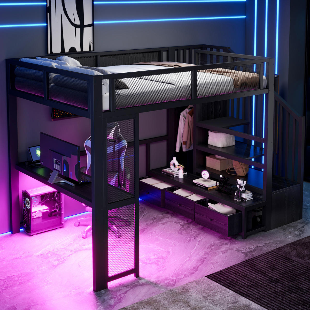 HOCHBETT MDF Metall 140x200 cm Schwarz mit Treppe, Schreibtisch, LED, USB und Stauraum - Schwarz, Holzwerkstoff (140/200cm) - Modfu