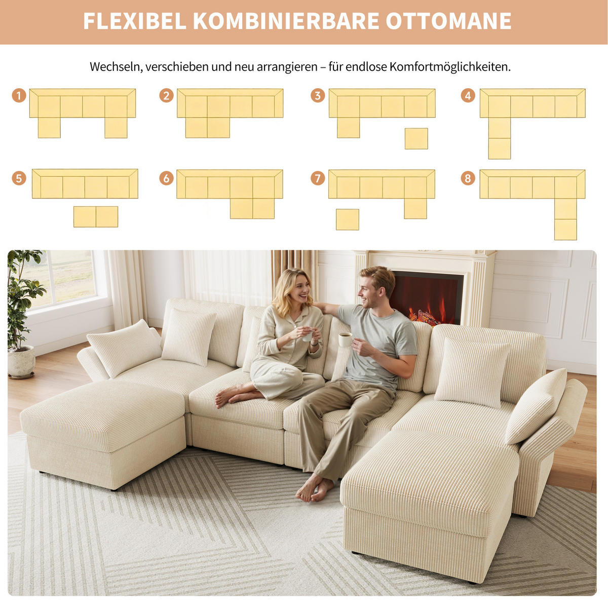 ECKSOFA 290/159,5/89 cm beige aus Cord mit verstellbaren Armlehnen und Hockern - Beige, Textil (159.5/290cm) - OKWISH