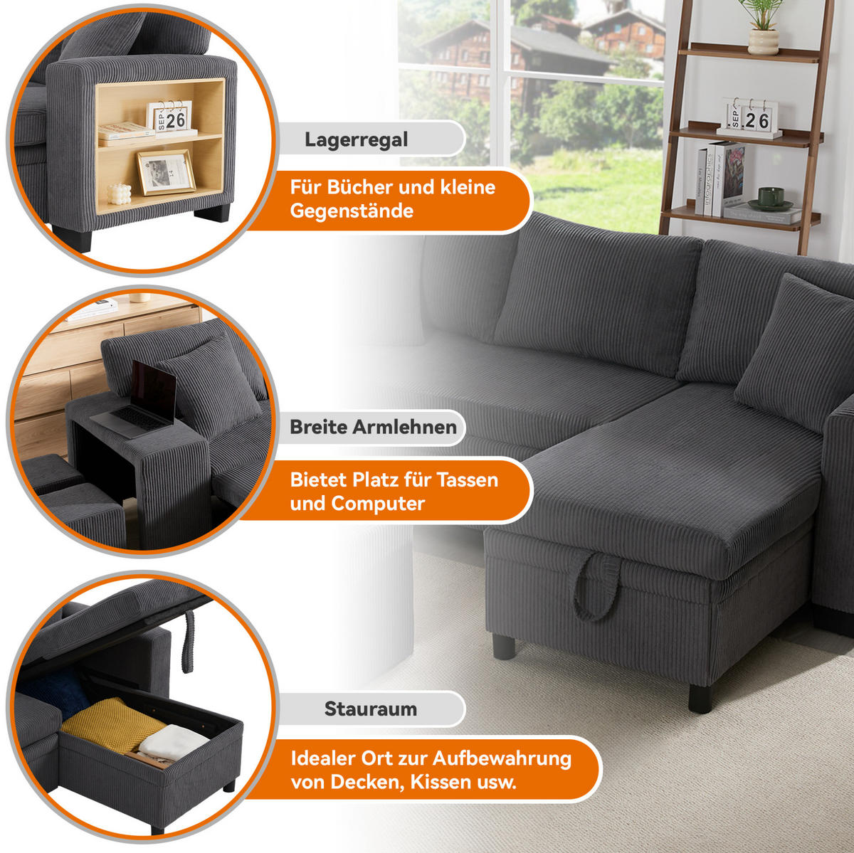SCHLAFSOFA aus Cord Grau 231x131,5x84 cm mit Stauraum, USB- und Typ-C-Anschluss - Grau, Textil (131.5/84/231cm) - IVMEU