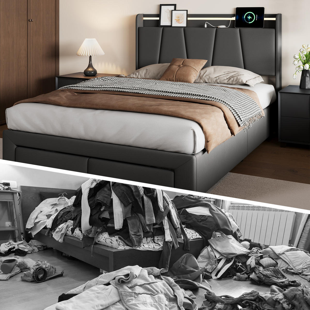 STAURAUMBETT 160x200 cm mit Stauraumkopf, 2 Fußschubladen, LED, USB, Leinenstoff in Dunkelgrau - Grau, Holz (160/200cm) - BRILVERDE