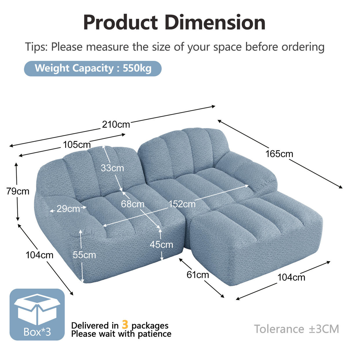 ECKSOFA Granulierter Fleece Blau mit Ottomane - Blau, Textil (210/165cm) - WISHDOR