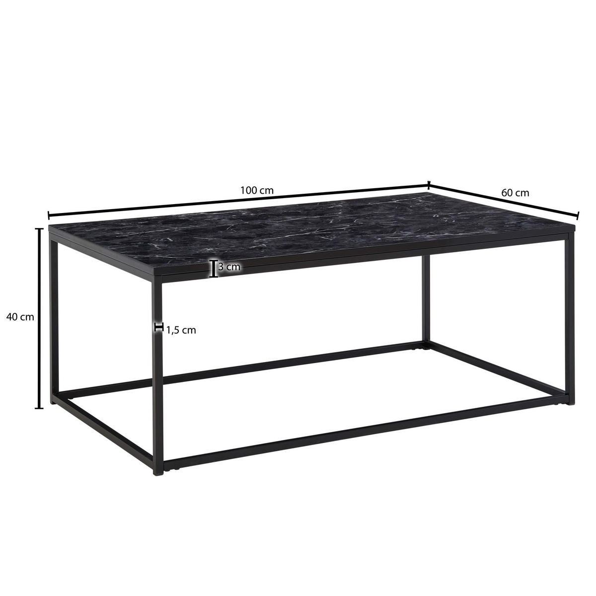 COUCHTISCH mit Marmor-Optik, Metallbeine, rechteckig, Serie MARBRIX, Schwarz 100x60x40 cm - Schwarz, Holz/Metall (60/100/40cm) - KADIMA DESIGN