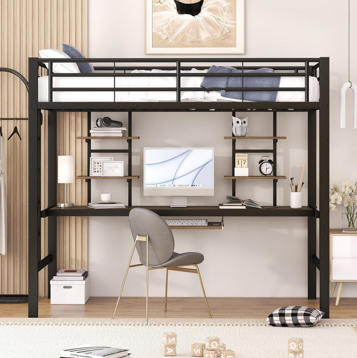 HOCHBETT aus Metall 90x200 cm Schwarz mit Schreibtisch, 2 Regalen und Leiter platzsparend - Schwarz, Metall (90/200cm) - Modfu