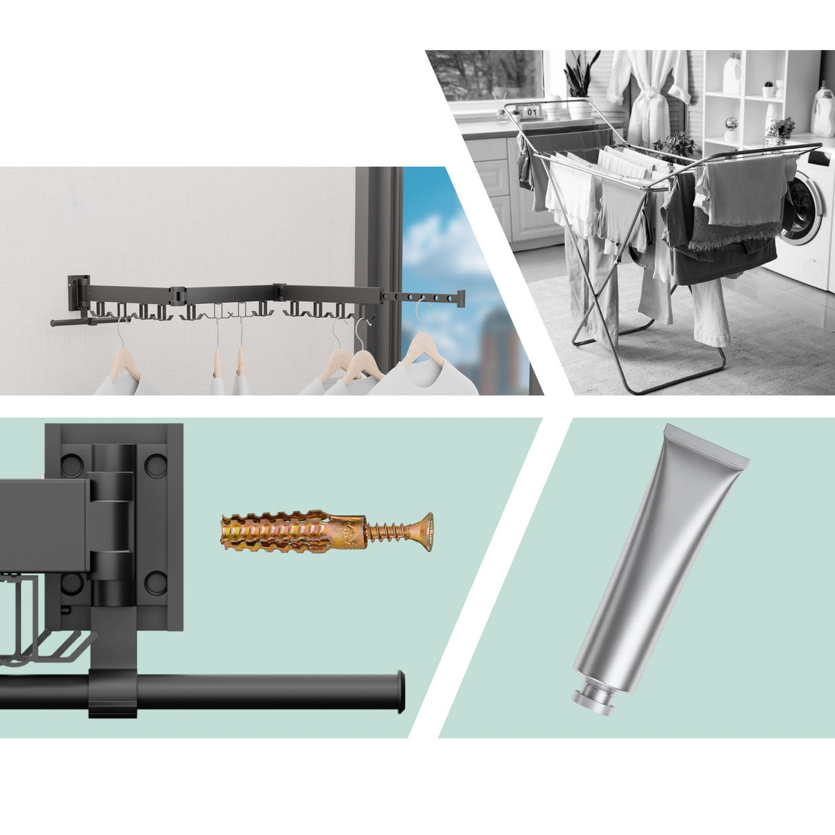 STOJAN na bielizeň na stene - čierna, kov/plast (127/12/26cm) - Relaxdays