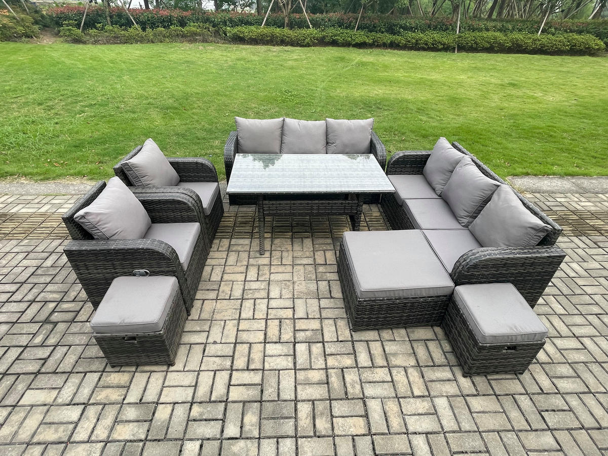 GARTENTISCHGRUPPE mit 3 Hockern Polyrattan Dunkelgrau 11-Sitzer - Dunkelgrau/Grau, Glas/Kunststoff - Fimous
