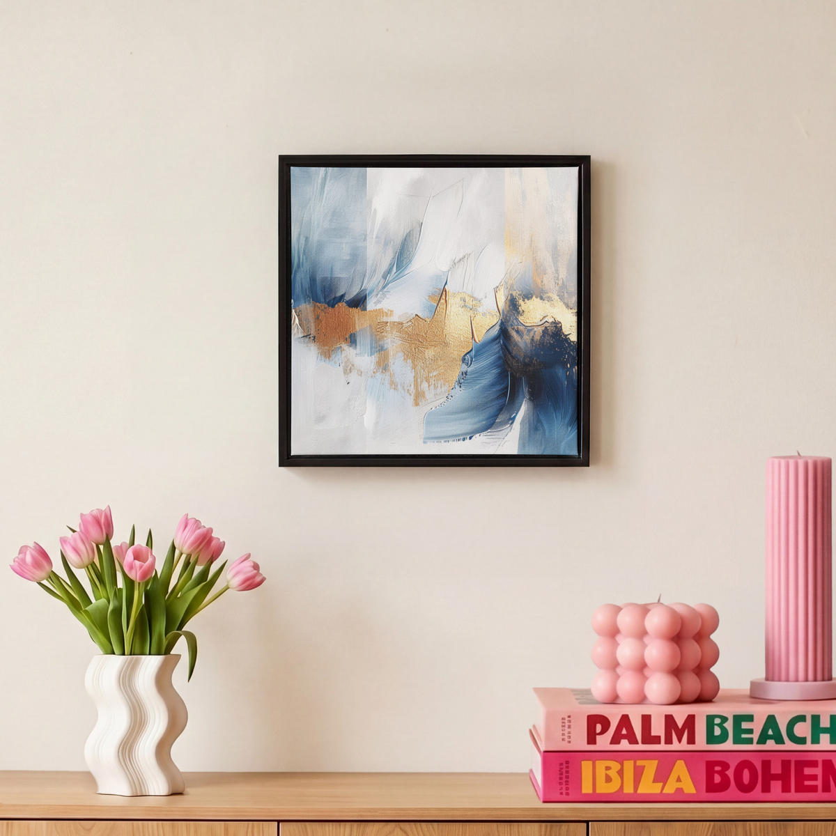 LEINWAND Bilder mit Rahmen - Gold - Blau - Aquarell - Kunst - Modern - 20x20 - Hellblau, Textil (20/20cm) - MuchoWow