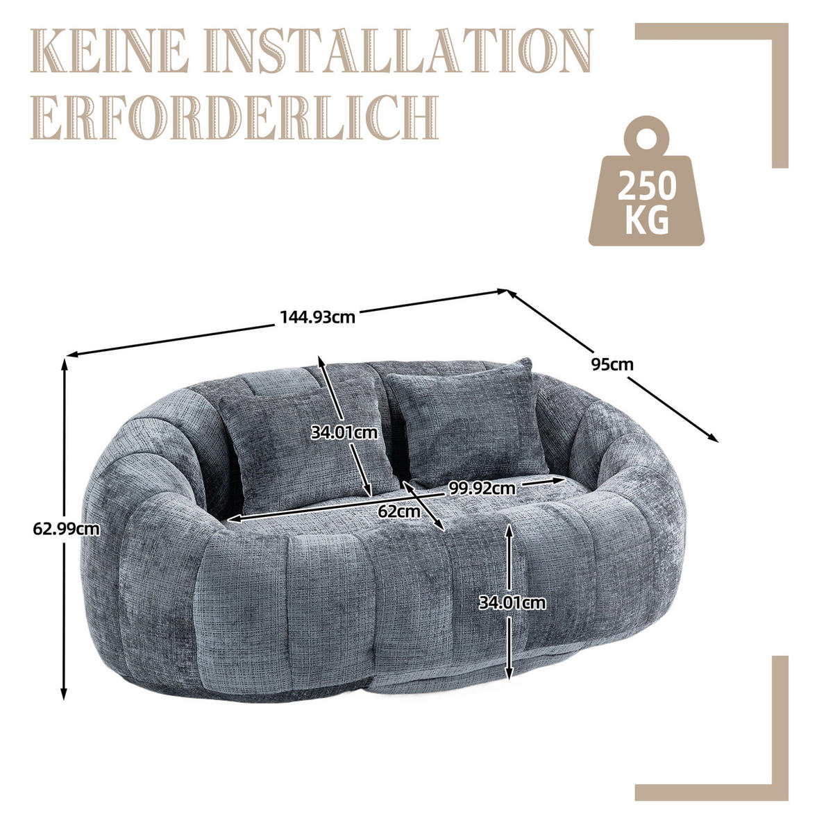 SITZSACK Sofa 150 x 95 x 63 cm Chenille Gray - Grau, Kunststoff (95/63/145cm) - Beauniv