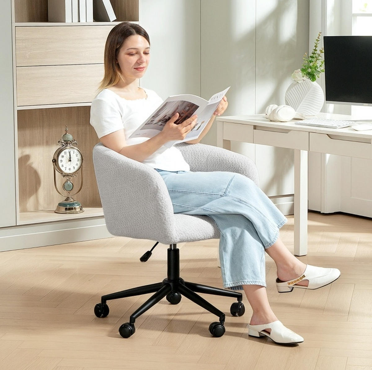 STUHL 65/59/75-85 cm, gepolstert, Drehstuhl mit Samt-Leinen-Bezug, Creme - Creme, Kunststoff (59/85/65cm) - Redom