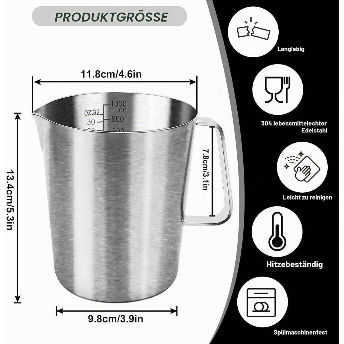 MESSBECHER 1L Edelstahl mit Skala - Silberfarben, Metall (1L)