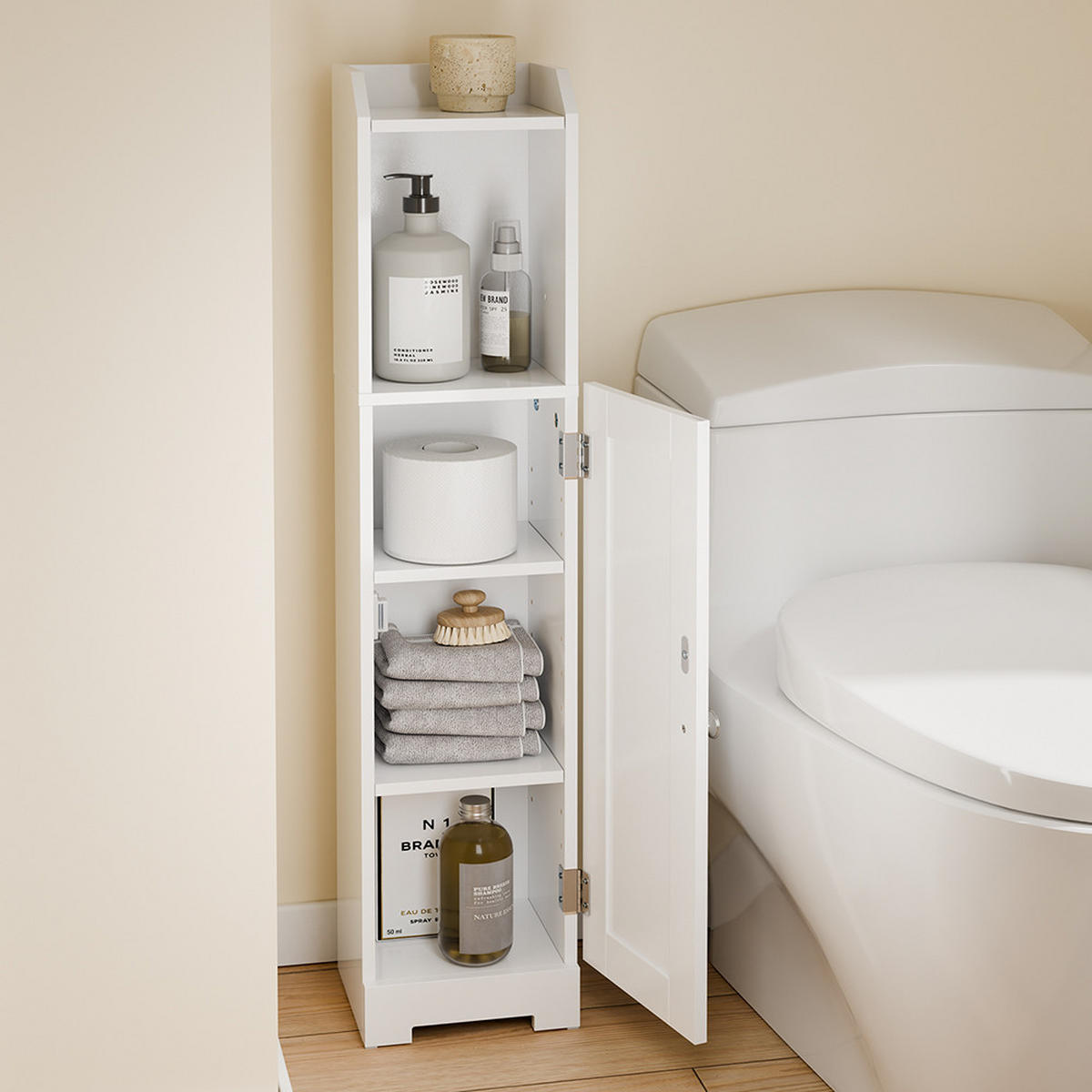 TOILETTENSCHRANK MIT TOILETTENPAPIERHALTER, 1 Tür Weiß 20x18x95cm Modern - Weiß, Holzwerkstoff (18/95/20cm) - SoBuy
