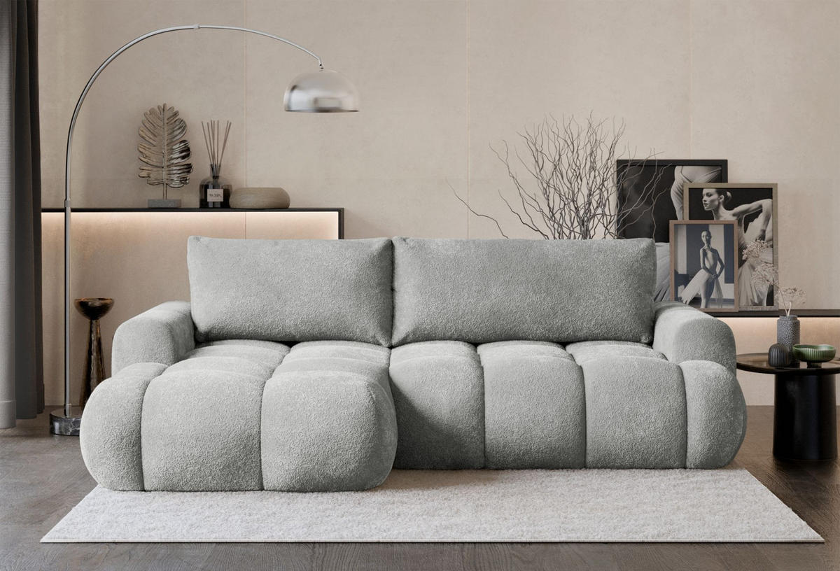 ECKSOFA Ombo Mini, Hellgrau Bouclé, linksseitig - Hellgrau/Schwarz, Kunststoff/Textil (256/155cm) - Selsey
