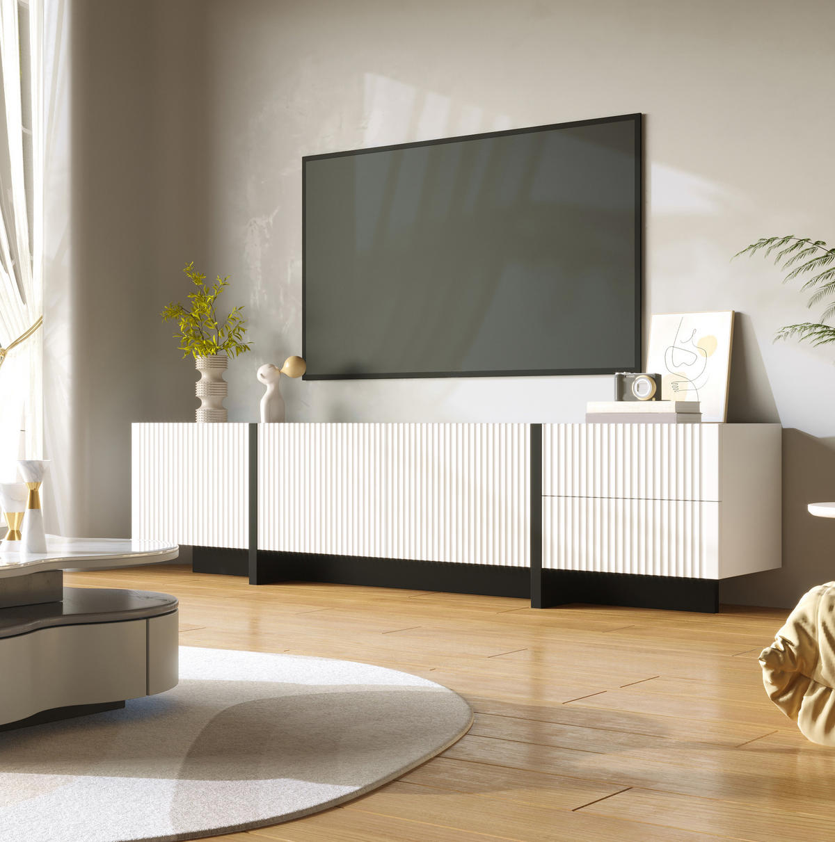 TV-SCHRANK mit 3 Türen und 2 Schubladen 190 cm MDF Schwarz Weiß - Schwarz, Holzwerkstoff (35/45/190cm) - Beauniv