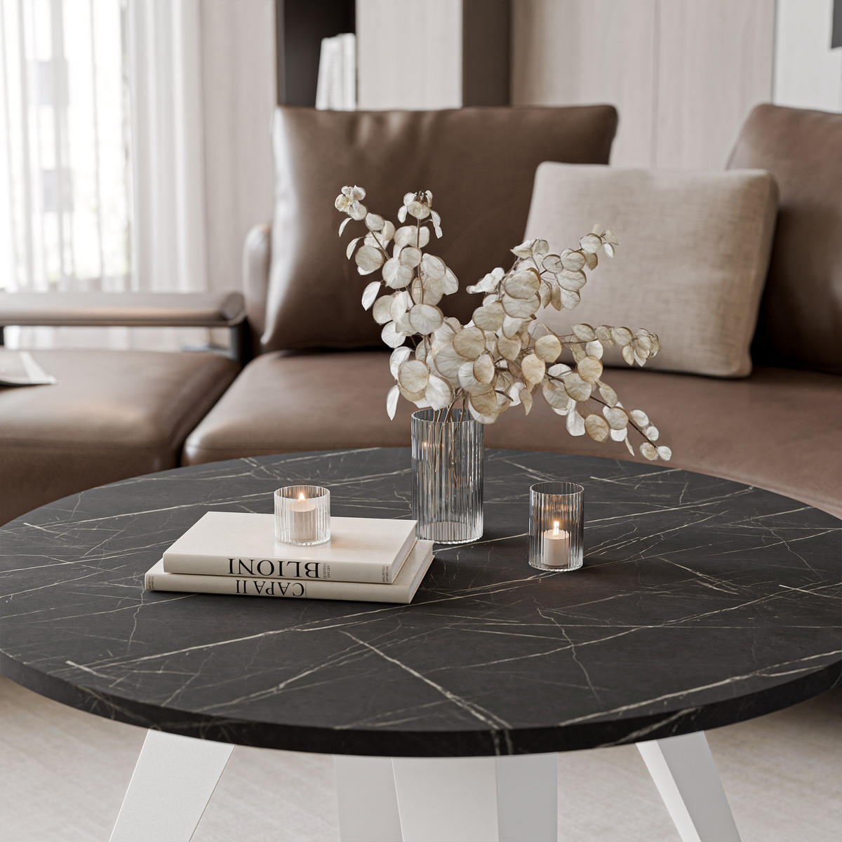 COUCHTISCH FRESCO 75/50 cm runden, Weiß / Grigia Pietra (Steingrau) - Weiß/Grau, Metall (75/75/50cm) - Idohome