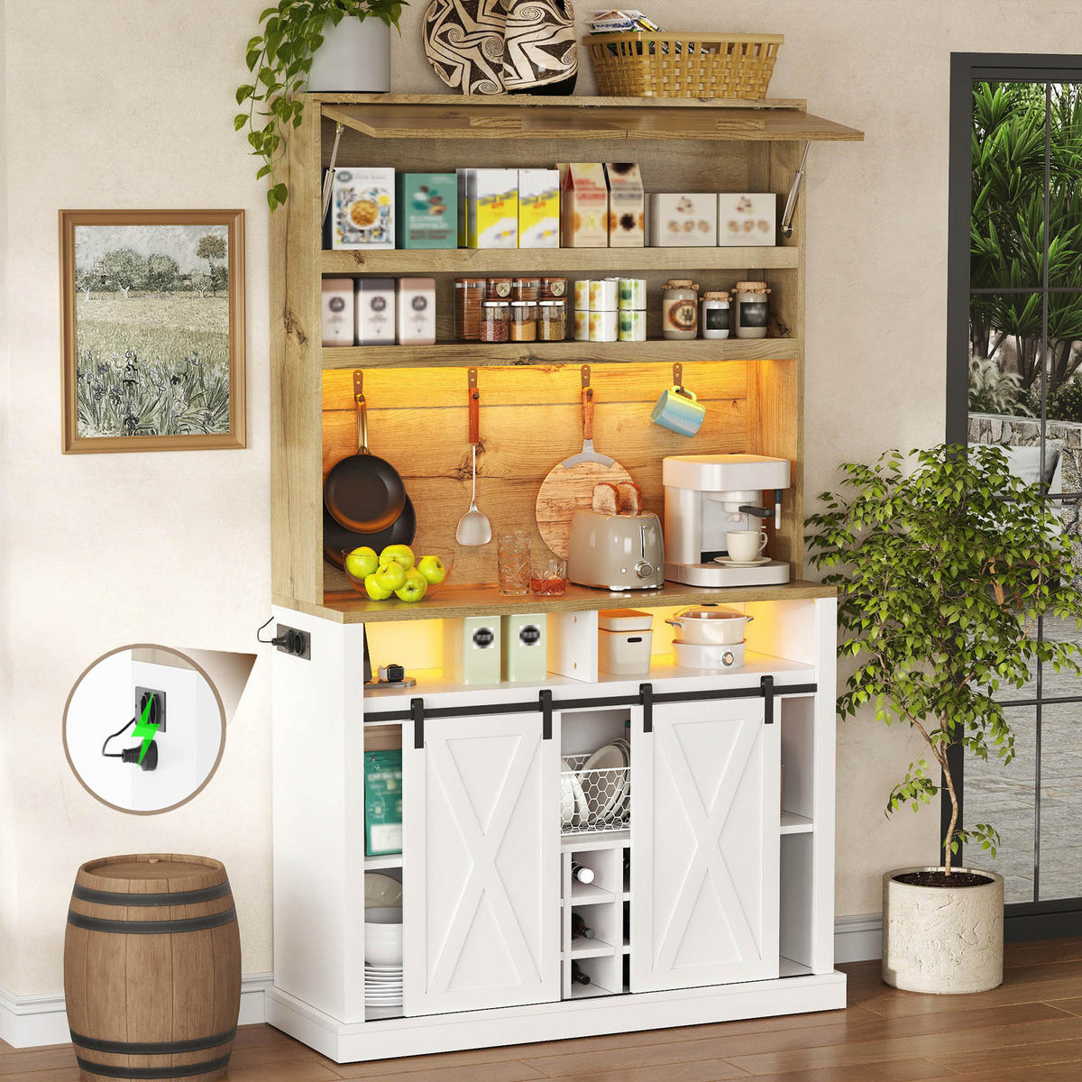 BUFFET 191 cm MDF Natur Weiß mit Vitrine, Weinregal und RGB-LED - Weiß, Holzwerkstoff (40/191/110cm) - Korfee
