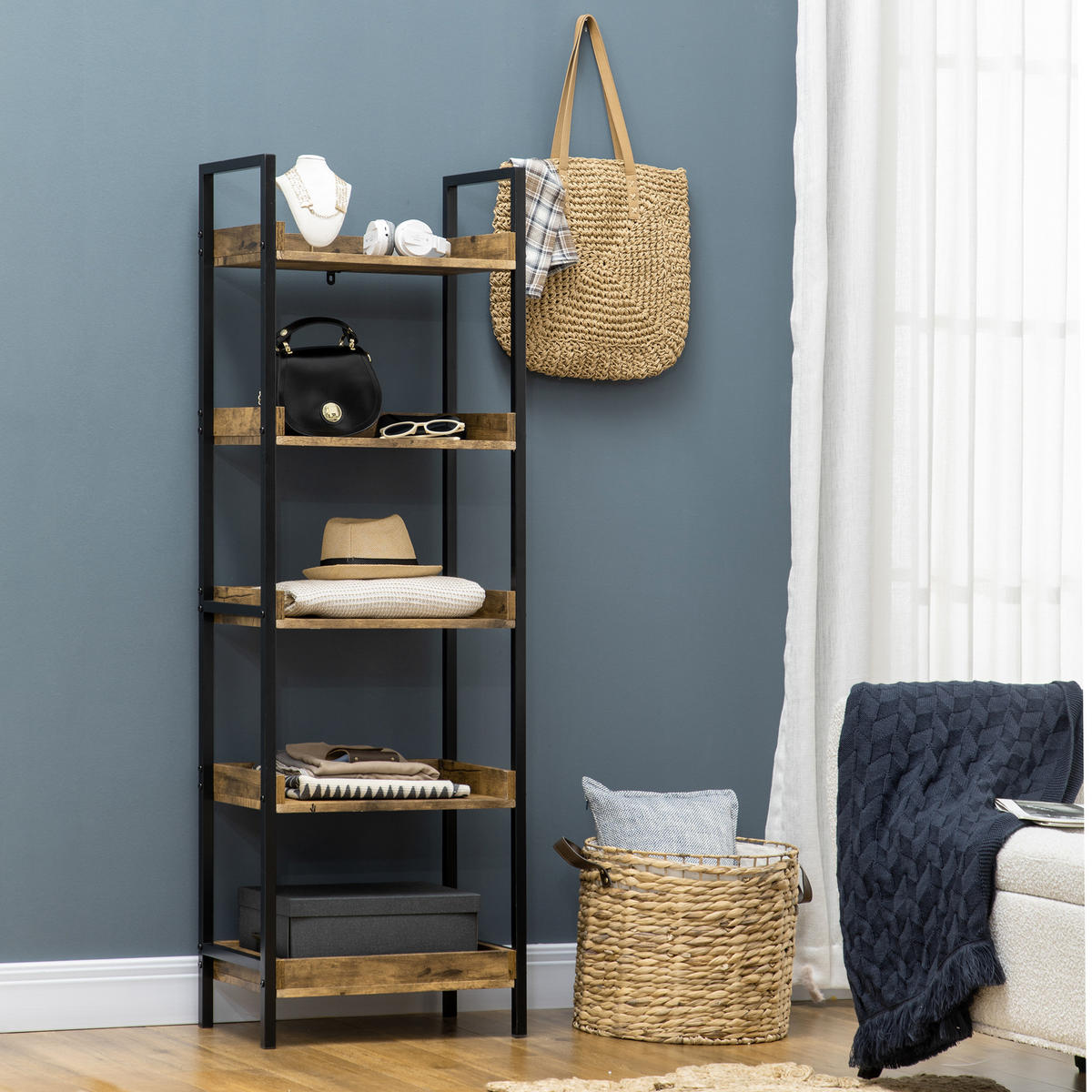 BÜCHERREGAL,INDUSTRIE 5 Ebenen Holz-Metall 48x30x155cm,rustikales braun - Braun, Holzwerkstoff (48/155/30cm) - Vallsero