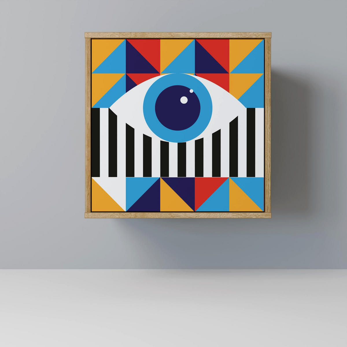 SIDEBOARD ABSTRACTION AND GEOMETRY, Eichefarben, 57,5x42x70,5 cm, Schwarze Metall-Sternfüße - Eichefarben/Multicolor, Holzwerkstoff/Metall (57.5/70.5/42cm) - SpaceRebels