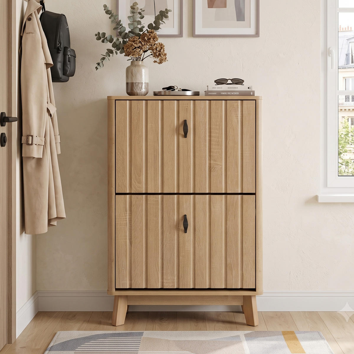 BOTNÍK v barvě dubu s výklopnou přihrádkou a dvířky, styl Mid-Century - barva dubu, kompozitní dřevo (60/94/24cm) - Urban Meuble