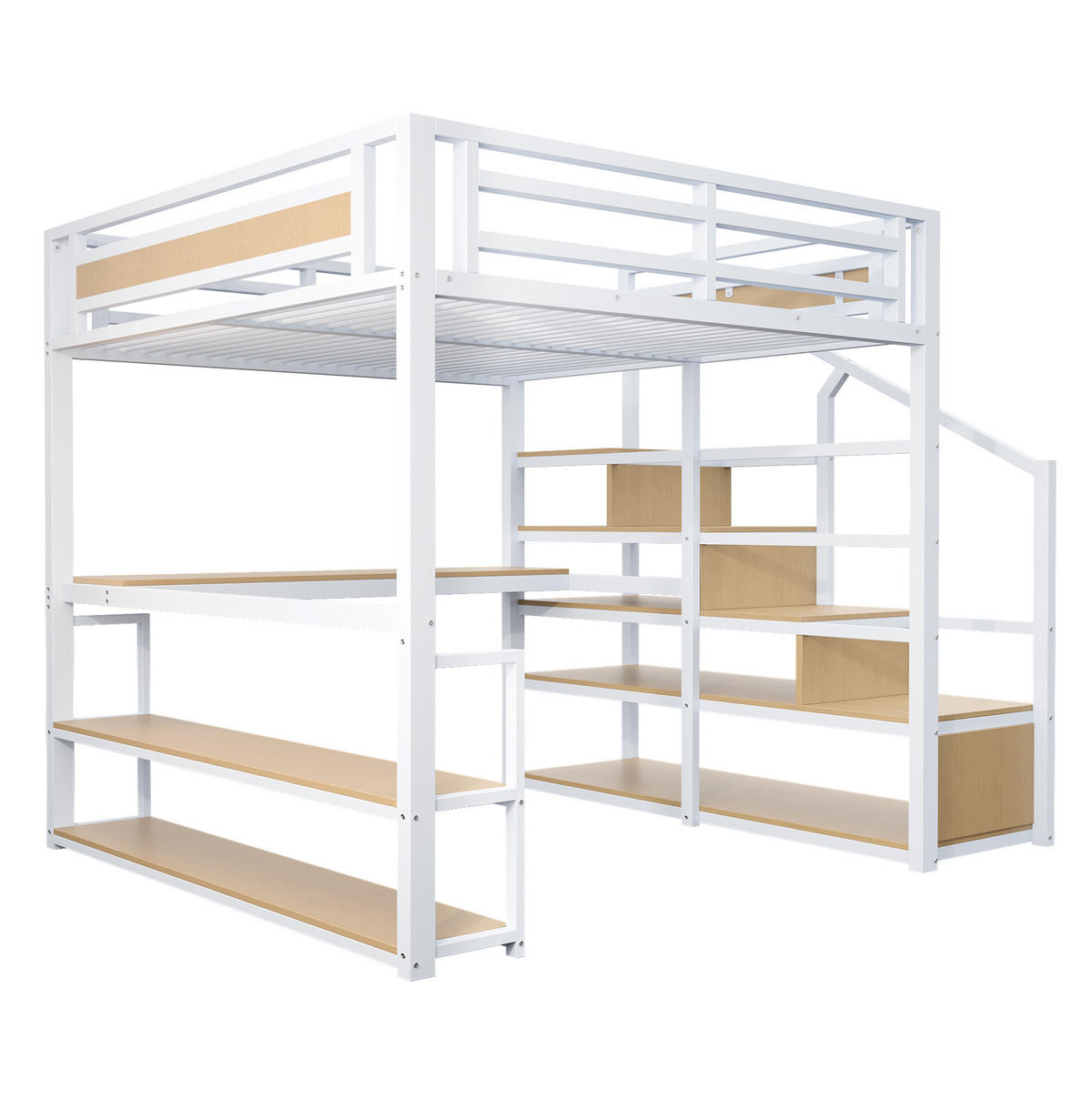 HOCHBETT aus Metall und MDF 140x200 cm Weiß mit Stauraumtreppe, Schreibtisch und Regalen - Weiß, Metall (140/200cm) - IVMEU