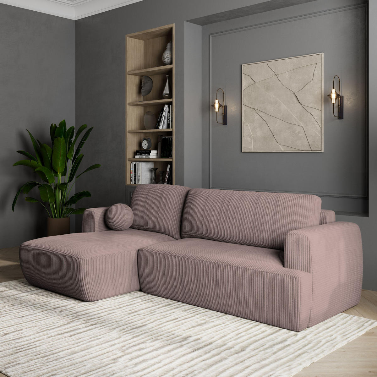 ECKSOFA SENTI P L-S Lila Kordstoff mit Schlaffunktion - Lila, Holz (246/148cm) - MASSENO