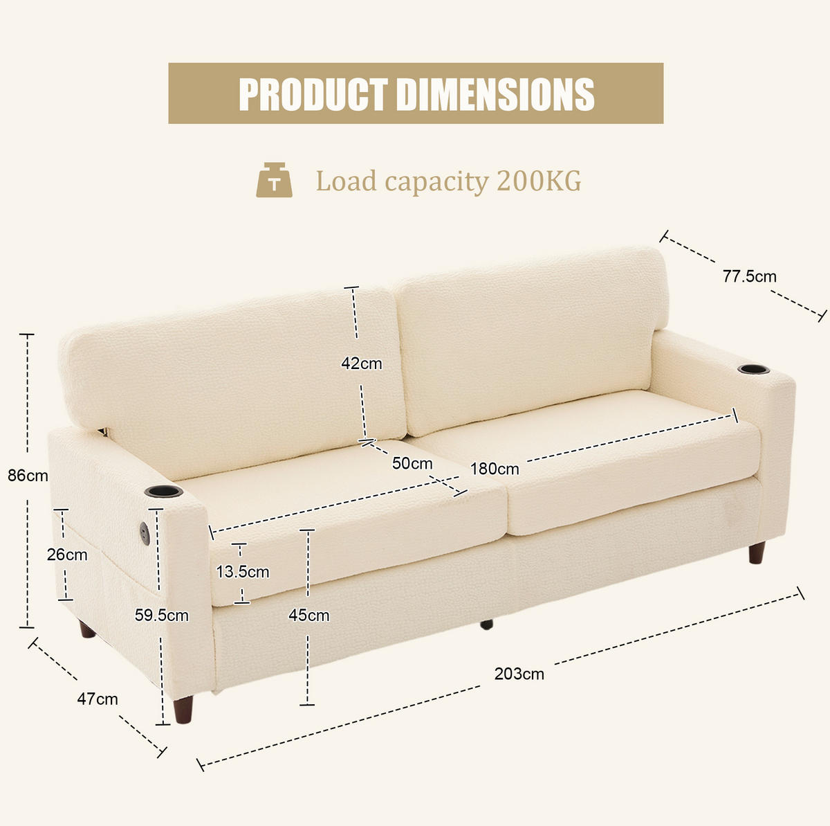 SOFA Zweisitzer mit USB-C 203 x 77,5 x 86 cm Chenille Beige - Beige, Kunststoff (203/86/77.5cm) - Meubliv