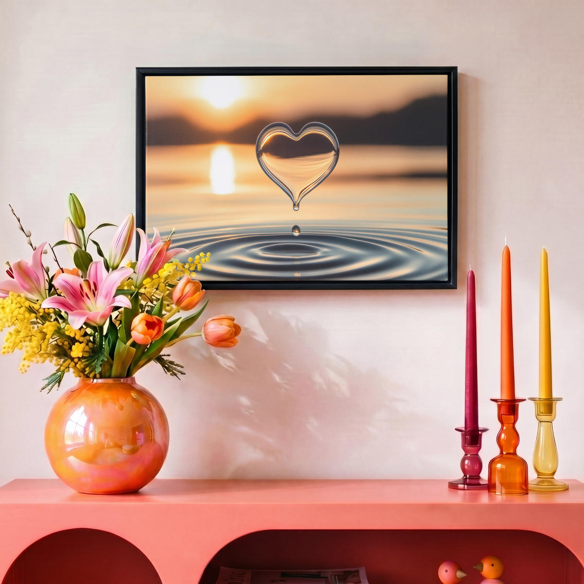 LEINWAND Bilder mit Rahmen - Herz - Wasser - Sonnenuntergang - Natur - Zen - 30x20 - Bernsteinfarben, Textil (30/20cm) - MuchoWow