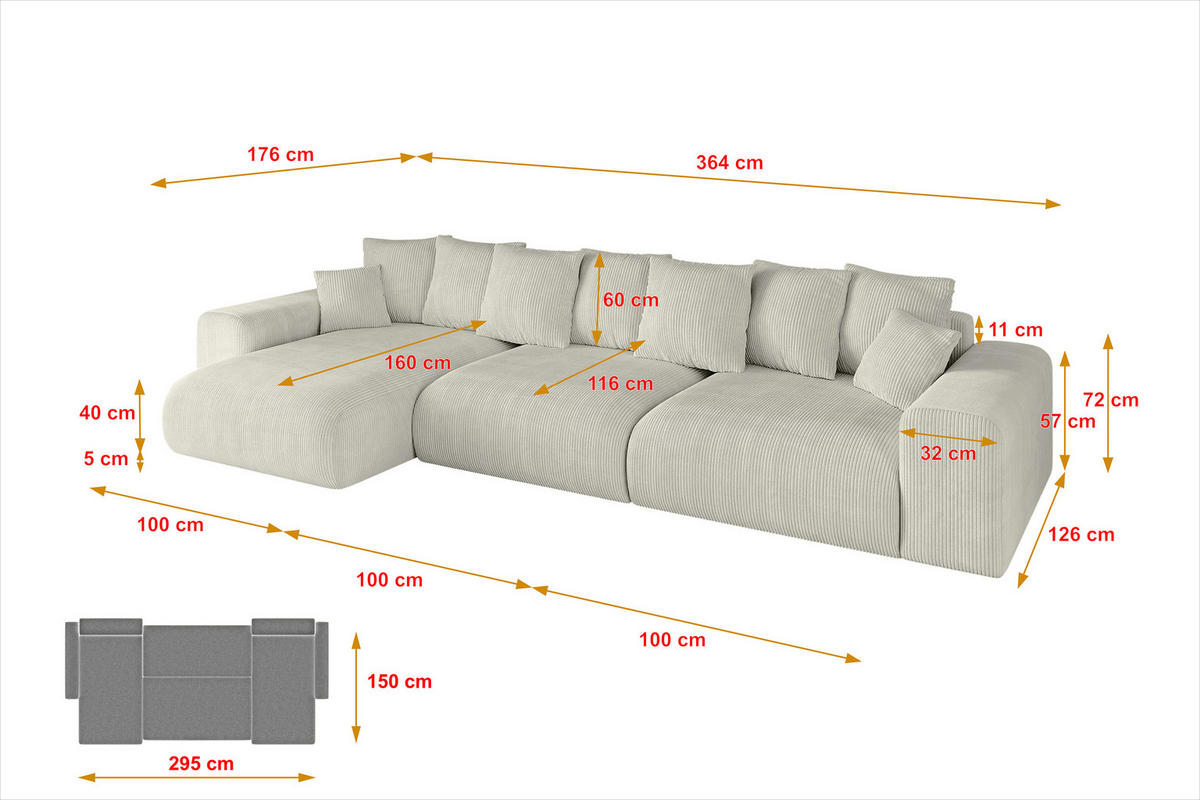 ECKSOFA Ottomane links ESKAR-L 364x176x72 Ecru Cord - Ecru/Schwarz, Holzwerkstoff/Kunststoff (364/176cm) - ALTDECOR