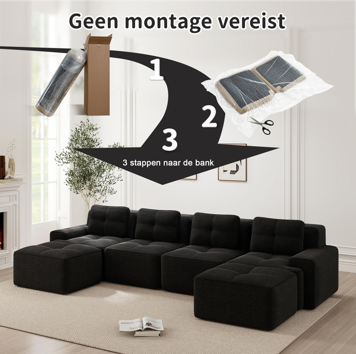MODULARES Ecksofa mit Cordbezug in Schwarz 293x104x69 cm, tiefe Sitzfläche, ohne Montage - Schwarz, Textil (104/293cm) - IVMEU