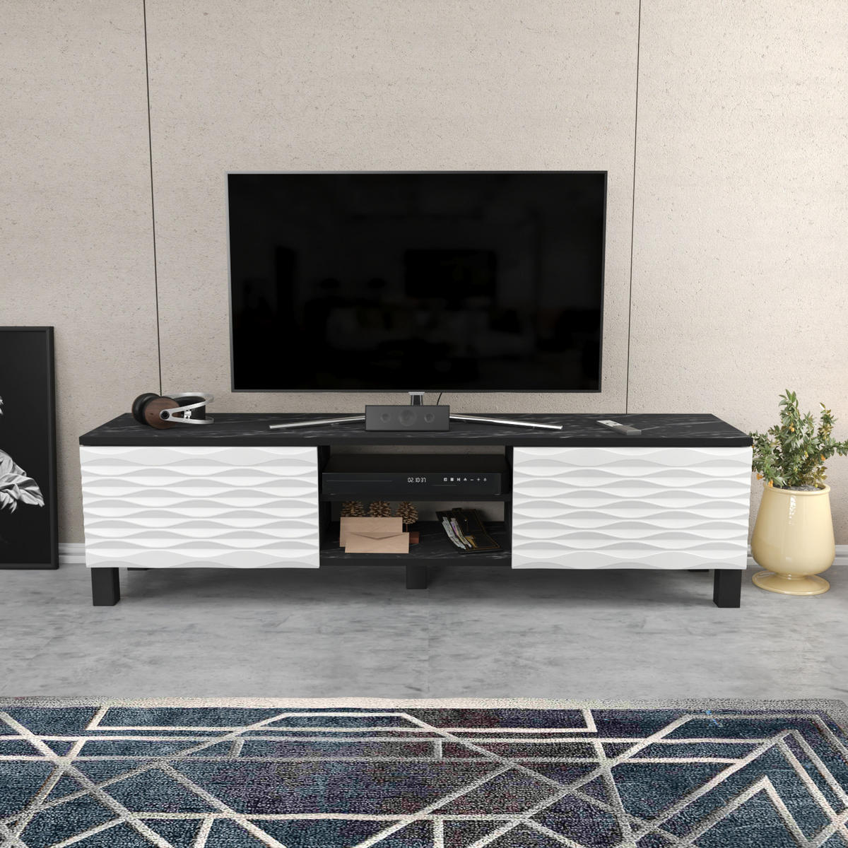 TV-ELEMENT Lukas Schwarzer Marmor Weiß - Schwarz/Weiß, Holzwerkstoff (150/40.3/35cm) - Decorotika