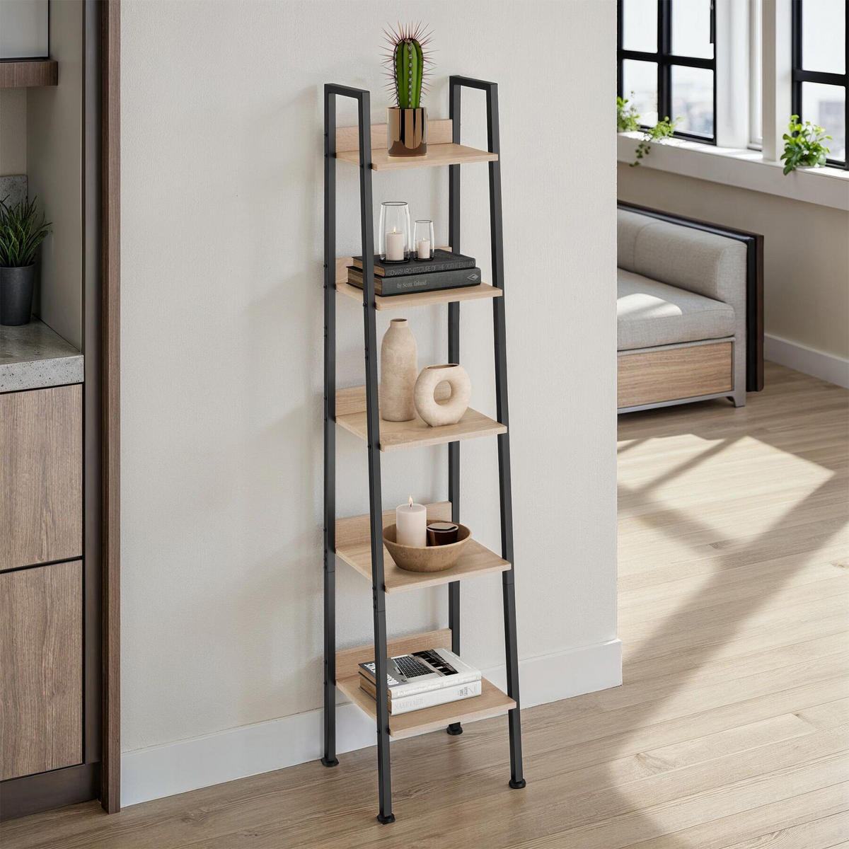LEITERREGAL Folkestone,inklusive Kippschutz, 35,5 x 31,5 x 170,5 cm,Industrial Holz hell, Eiche Sonoma - Naturfarben, Holzwerkstoff (31.5/170.5/35.5cm) - tectake