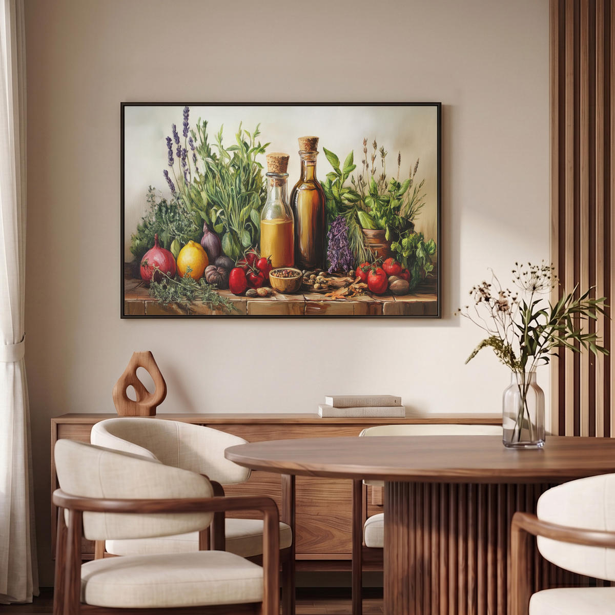 LEINWAND Bilder mit Rahmen - Stilleben - Kräuter - Gewürze - Früchte - Farbenfroh - 90x60 - Grün, Textil (90/60cm) - MuchoWow