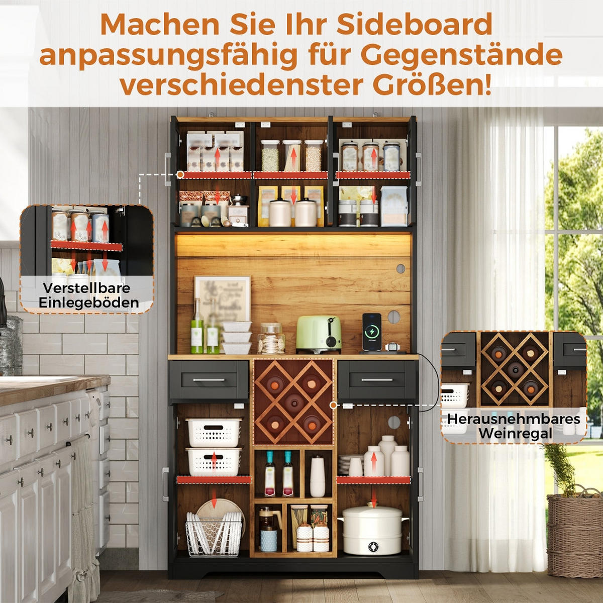 KÜCHENSCHRANK mit LED-Beleuchtung, Weinregal und Steckdose, MDF Holzoptik, Esszimmer Vitrinenschrank, 105/180/40 cm - Naturfarben, Kunststoff (40/180/105cm) - Rolipo