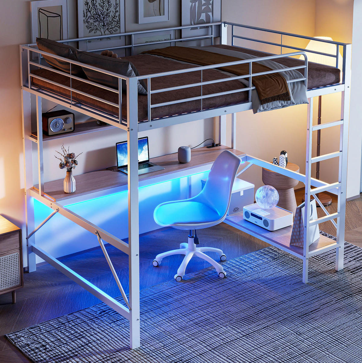 HOCHBETT 140/200 cm Weiß aus Metall mit Schreibtisch - Weiß, Metall (140/200cm) - OKMYHOME