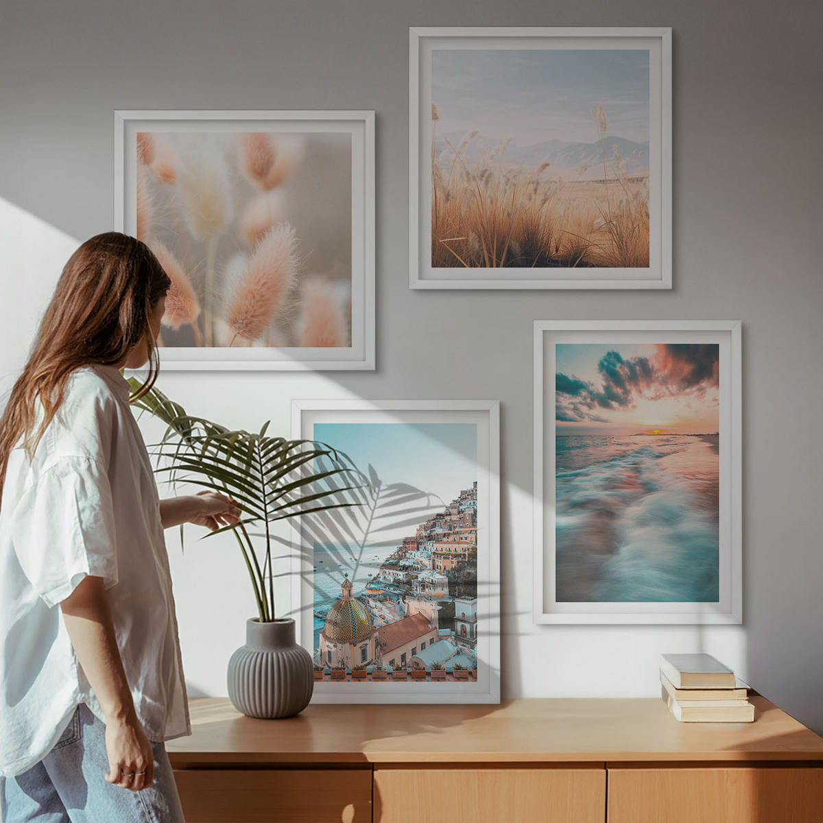 BILDER SET 4er Set - 50x50 cm & 40x60 cm Weißer Rahmen - Sonnenuntergang am Meer, Häuser, Blumen - Weiß, Kunststoff (50/50cm) - TULUP