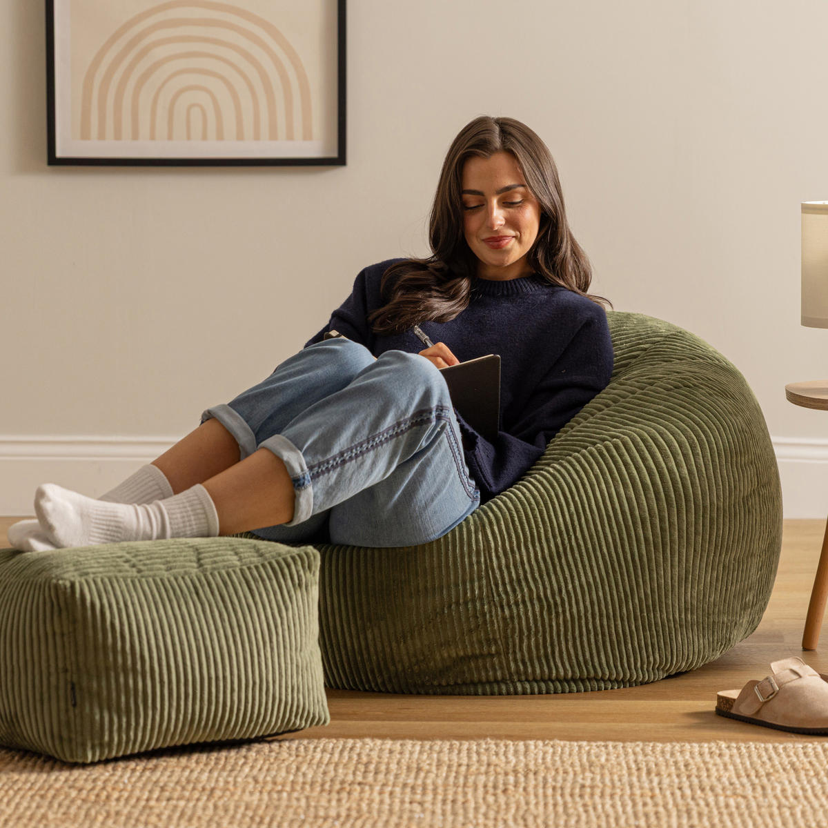 SITZSACK Klassisch + Hocker, Cord - Salbeigrün, Kunststoff/Textil (85/50/85cm) - icon